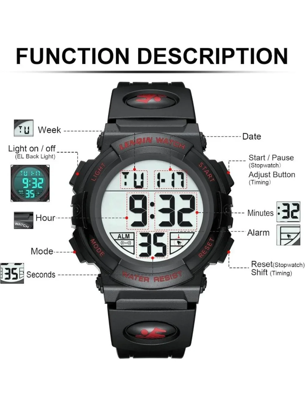 Men's Black And Red Analog Quartz Waterproof Tactical Digital Alarm Wrist Watch